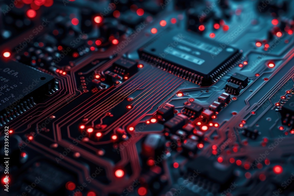 Poster a close up of a computer chip with red lights. concept of technology and innovation, as well as the 