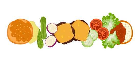 Set of delicious fast food illustrations: beef hamburger, fried, grilled, pickles, lettuce, tomato, bacon, cheese, bread with sauce, top view. Isolated on a white background for poster and menu design