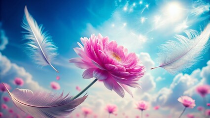 Fototapeta premium Pink Flower with Feathers Flying in a Dreamy Sky