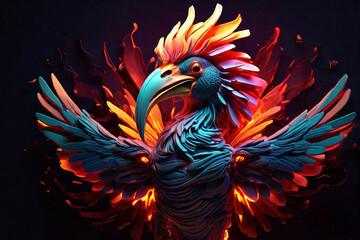Obraz premium 3D neon waves forming the shape of a Hornbill, rising from the ashes in a burst of light, multicolor
