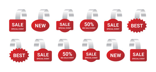 Set of advertising promotion tag labels in various shapes. Set of sale and market labels including sale, discount, best, new, price tag.