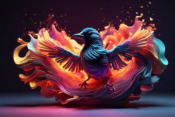 Obraz premium 3D neon waves forming the shape of a Jay, rising from the ashes in a burst of light, multicolor