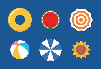 A set of illustration icons with summer, sea, swimming, vacation, beach, travel, and summer vacation concepts. tube, parasol, watermelon, ball, sunflower. © Tuesday04