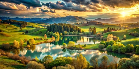 Serene Sunset Over Mountain Lake with Clouds Reflection