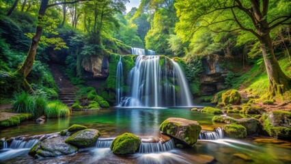 Serene Waterfall in Lush Green Forest