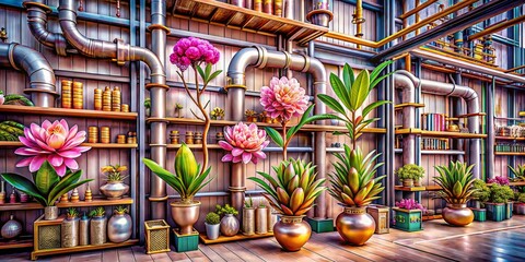 Fototapeta premium Steampunk Greenhouse with Pink Flowers and Metallic Pipes