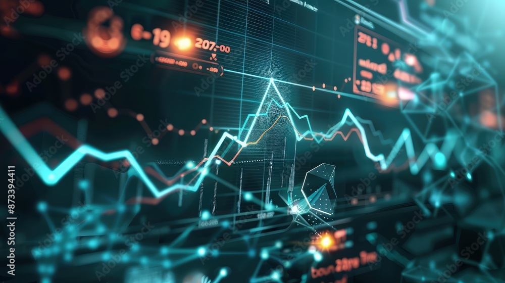 Poster a digital financial dashboard with a graph line moving upward through various technological elements