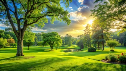 Obraz premium Sunlit Golf Course Landscape with Tree Canopy