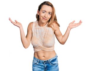 Young caucasian woman wearing casual style with sleeveless shirt clueless and confused with open arms, no idea and doubtful face.
