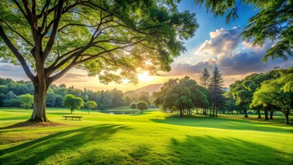 Obraz premium Sunlit Tree Canopy Over Golf Course with Bench and Pond