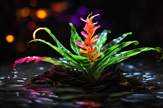 neon waves forming the shape of a sweet Java Fern flower, rising from the ashes in a burst of light, multicolor