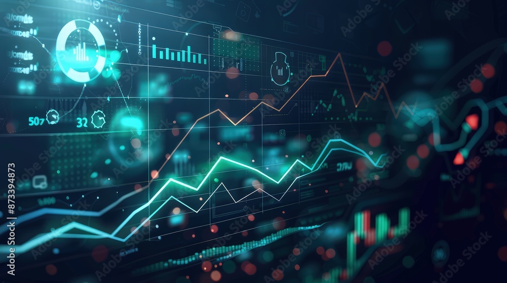 Poster a digital financial dashboard with a graph line moving upward through various technological elements