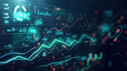 A digital financial dashboard with a graph line moving upward through various technological elements, depicting an optimistic market forecast.