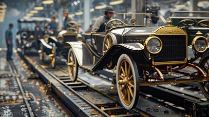 An early 20th-century car assembly line showing partially assembled vehicles. Workers are seen in the background, emphasizing the historical industrial production process.