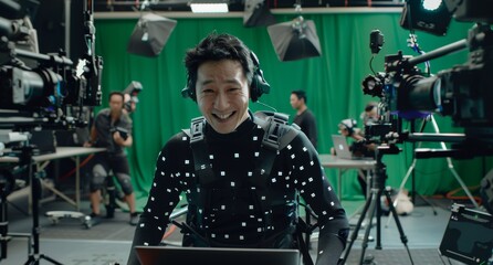 Actor in motion capture suit smiling on film set with green screen background and professional equipment