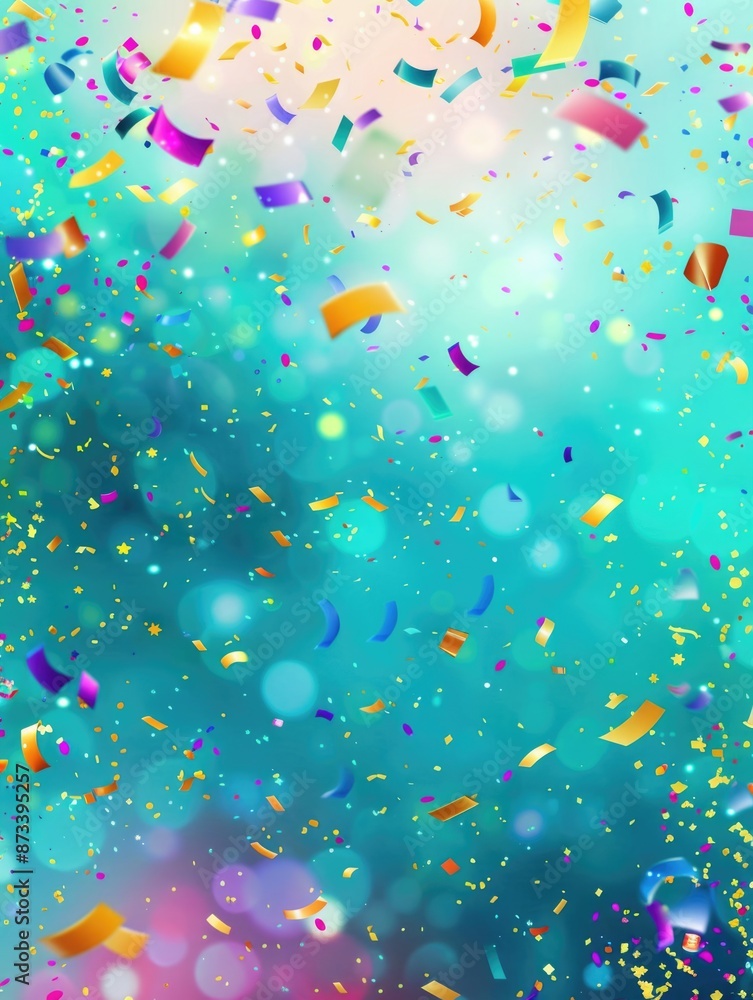 Poster a colorful background with many pieces of confetti falling from the sky. the confetti is in various 