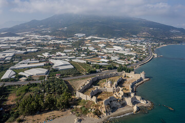 Fototapeta premium Aerial view of the Mamure Castle or Anamur Castle in Anamur Town, Turkey