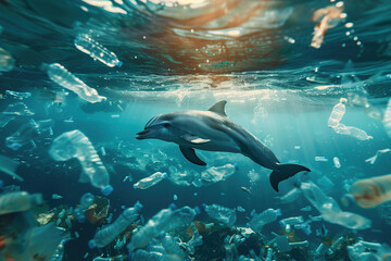Obraz premium Sea dolphin swims in plastic pollution in underwater sea. Environment pollution.
