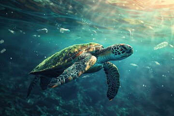 Obraz premium Sea turtle swims in plastic pollution in underwater sea. Environment pollution.