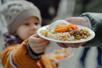 Volunteers giving the plate of food to homeless people