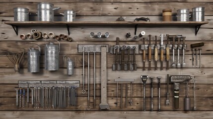 A wooden wall with various tools and equipment neatly organized on shelves and hanging from hooks