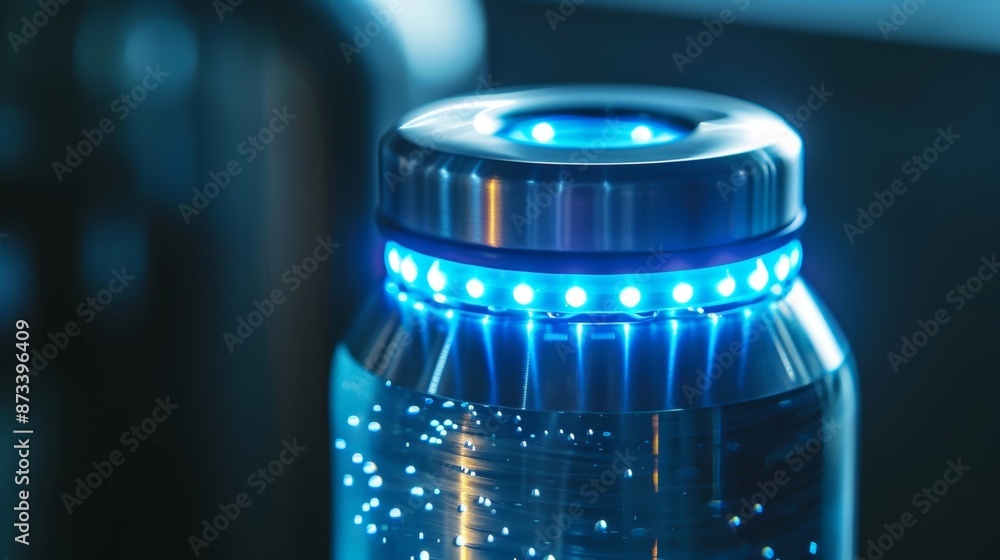 Poster the led light indicator on a smart hydration bottle which changes color to alert the user when its t