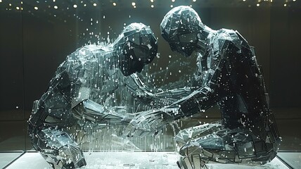 Fototapeta premium Sculpture of two figures made of metal in an art gallery