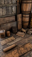 A collection of wooden planks, barrels, and tools are arranged in a workshop setting