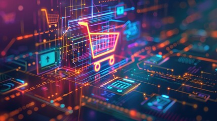 Glowing shopping cart icon on a digital circuit board. Concept of online shopping, e-commerce, digital marketing, and technology.