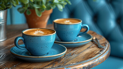Fototapeta premium Two blue coffee cups with latte art are placed on saucers on rustic wooden table in cafe