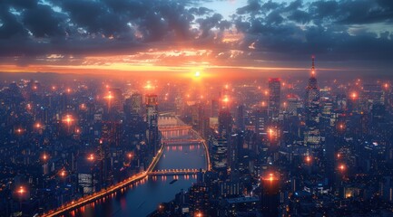 Fototapeta premium Cityscape at Sunset with Glowing Lights