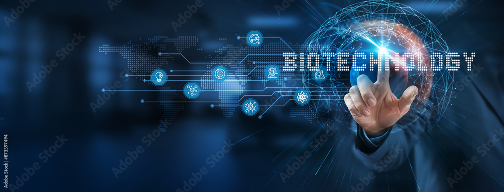 Poster a smart solution to biotechnology industry. businessman points at virtual network connecting service