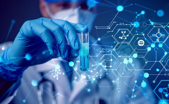 Scientist conducting laboratory research with futuristic graphical overlays