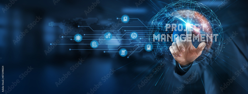 Poster a smart solution to streamline project management. businessman points at virtual project management 
