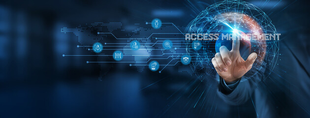 Access management is a smart solution to control and secure resources. Businessman points at virtual access management network connecting service with graphical icons in technology, finance, industry.