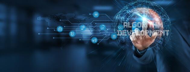 Algorithm development offers a smart solution to optimizing processes. Businessman points at virtual diagrams representing network connections in technology, innovation, and manufacturing industry
