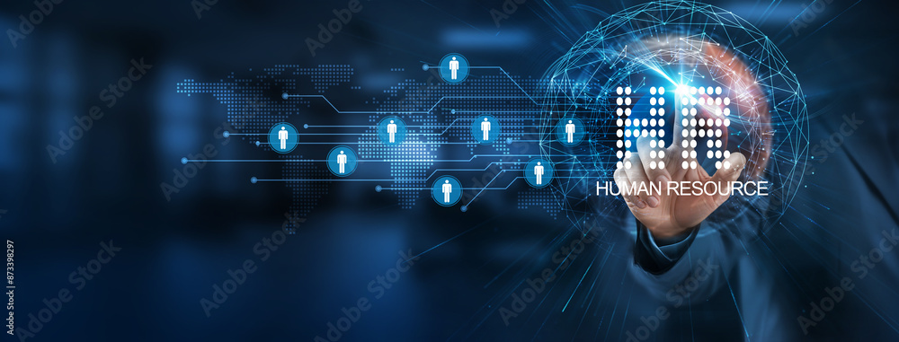 Poster smart solution to human resource management. a businessman points at a virtual hr network connecting