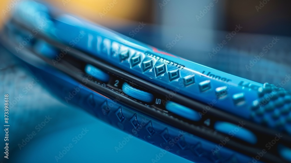 Poster an extreme closeup of the handle of a highend tennis racket featuring a contoured shape for a custom