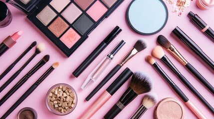 Cosmetics are laid out on a pink background in a geometric style.