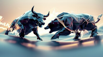 A dynamic 3D bull and bear graphically battling over a stock market chart, with each side reflecting the prevailing trend direction.