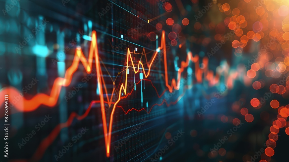 Poster a dynamic 3d graph showing a sharp upward trend against a digital display background, symbolizing a 
