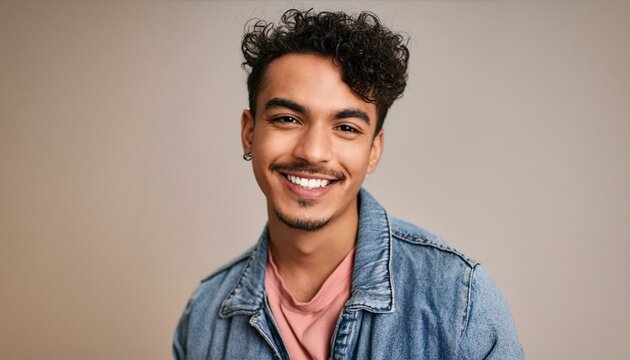 Close-up of a mixed-race man with a stylish haircut, wearing a denim jacket and laughing.