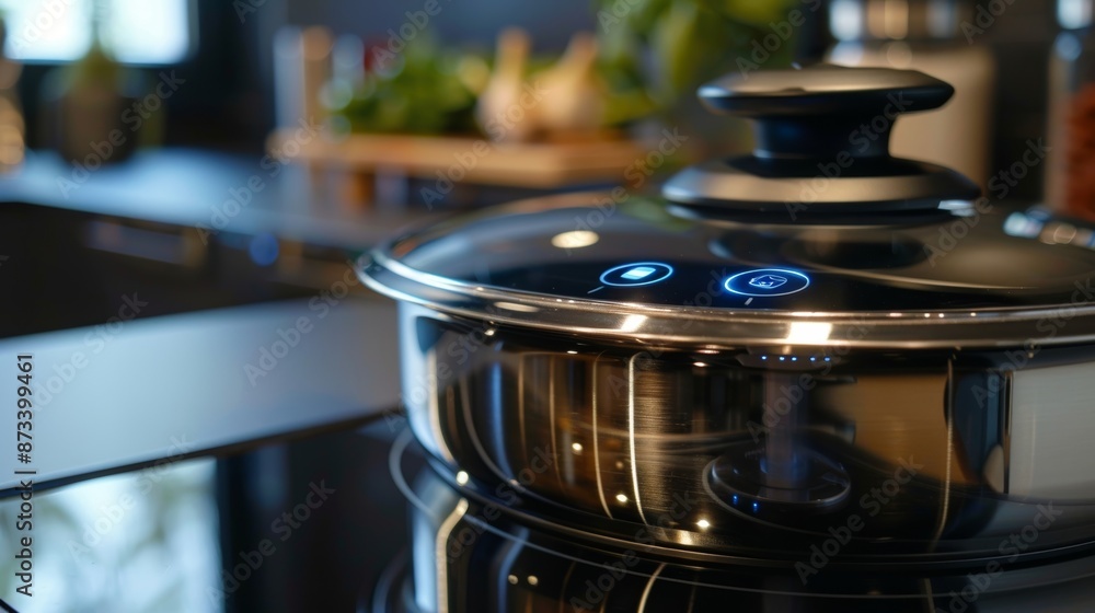 Aufkleber a detailed shot of a smart cooking pot lid highlighting the bluetooth connectivity feature and a cor