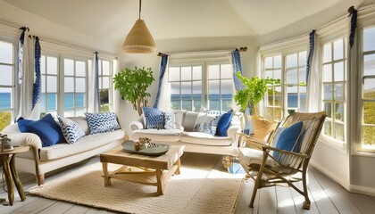 Coastal-themed living room with white and blue tones, nautical decor, and large windows