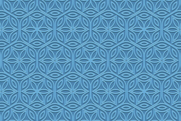 Embossed blue background, cover design, banner. Geometric tribal decorative 3D pattern. Ethnic ornaments, arabesques, mandala. Handmade exotic. Motifs of the East, Asia, India, Mexico, Aztec, Peru.