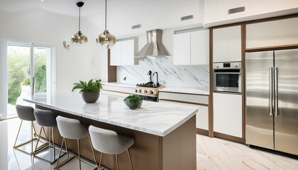 Fototapeta premium Contemporary kitchen with sleek appliances, marble countertops, and minimalistic design