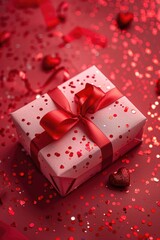 Obraz premium A red box with a red ribbon sits on a red background. Concept of love and celebration, as it is likely a gift for Valentine's Day