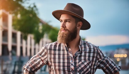cool bearded guy with fedora and plaid shirt looking away