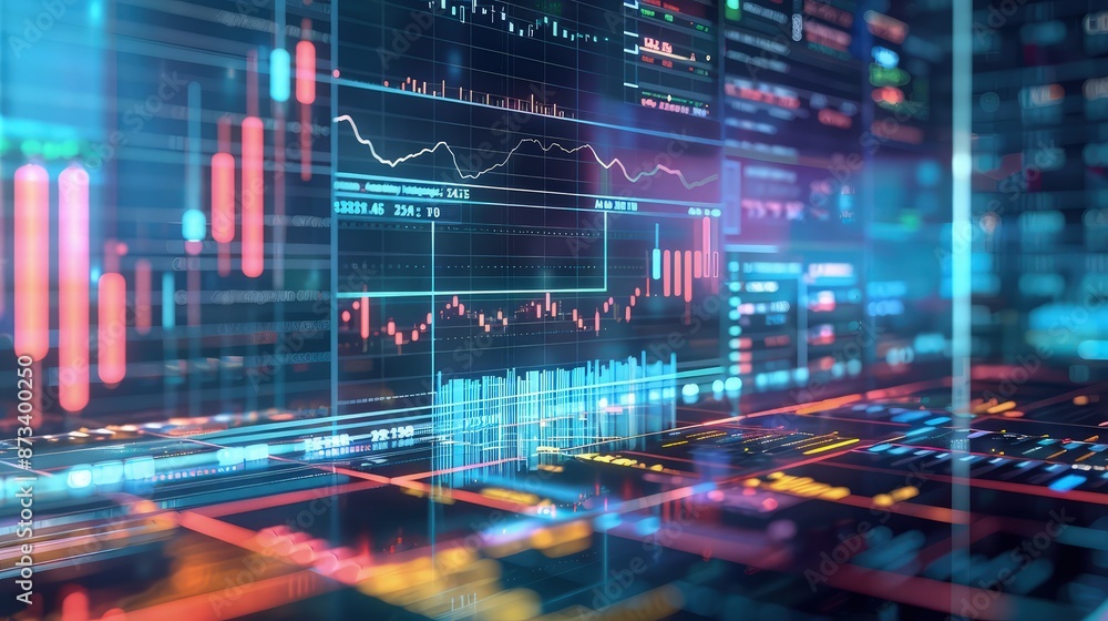 Poster a dynamic display of financial charts and data analytics in a virtual space, showcasing trends in re