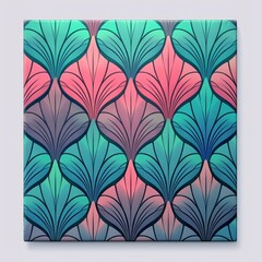 A rectangular textile art piece featuring a colorful floral pattern with pink, aqua, and magenta hues. The design includes circles and symmetrical elements, all arranged in a beautiful font